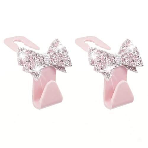 2 PCS Bling Car Seat Headrest Hooks, Rhinestone 3D Bow Hanging - Product Imagery