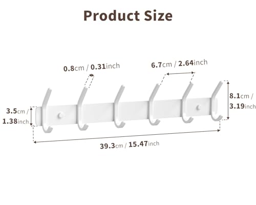 Coat Rack Wall Mount Hooks - 15 Inch White Metal 6-Hook Rack(1 - Product Imagery