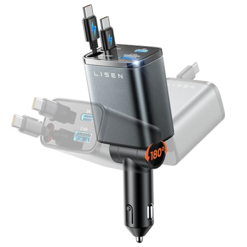 LISEN Retractable Car Charger USB C Fast Charge for iPhone 17 16 - Product Imagery