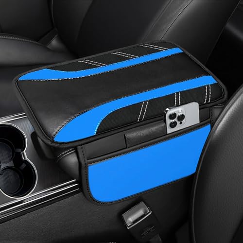 NBTEPEM Blue Center Console Cover, Sporty Leather Armrest Cover - Product Imagery