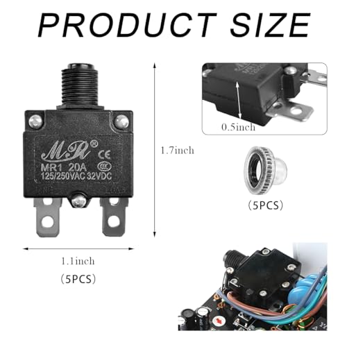 DXNQ 5 PCS Thermal Circuit Breaker, 125/250V AC 32V DC 20A - Product Imagery