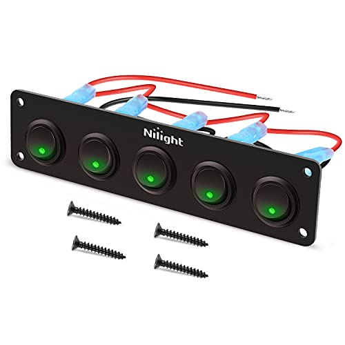 Nilight 5 Gang 3 Pin Rocker Switch Panel On Off SPST Toggle Green - Product Imagery