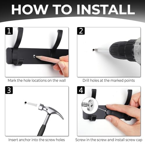 Wall Mount Coat Rack 2 Pack, Black Coat Hooks Hanger with 6 - Product Imagery