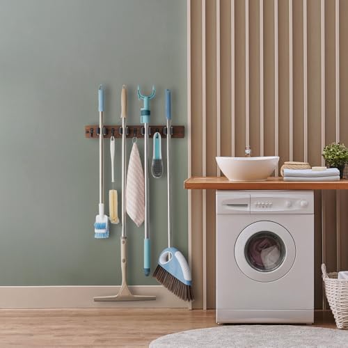 OUTNILI Mop and Broom Holder Wall Mount - Wood Broom Mop Hanger - Product Imagery