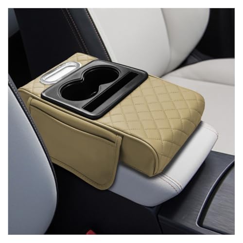 Leather Car Center Console Cover, Armrest Booster Cushion, Beige - Product Imagery