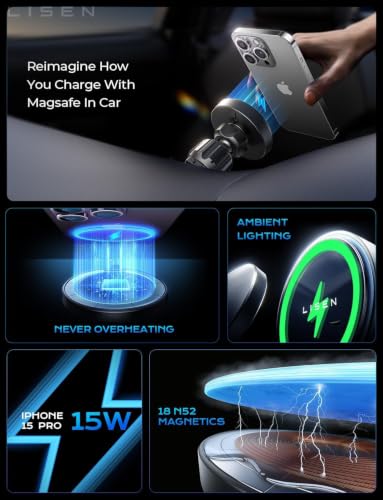 LISEN 15W MagSafe Car Mount Charger, Magnetic Phone Holders for - Product Imagery