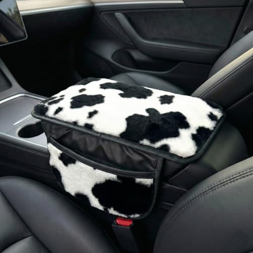 Plush Fuzzy Car Center Console Cover with 2 Side Pockets, Cow - Product Imagery