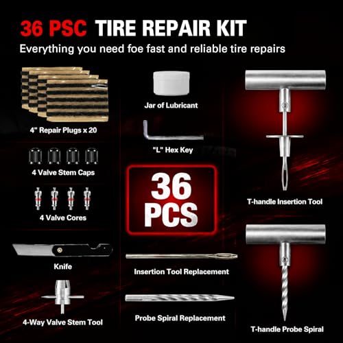 CKAuto 36 pcs Universal Tire Repair Kit with Plugs Heavy Duty - Product Imagery