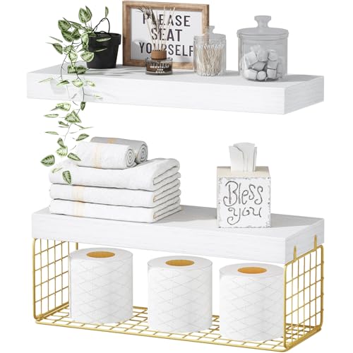 QEEIG Bathroom Shelves Over Toilet Wall (White and Gold, Set of - Product Imagery