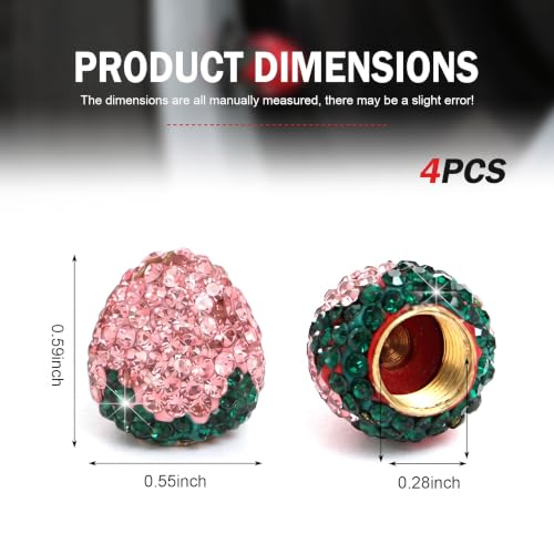 4PCS Strawberry Car Tire Valve Stem Caps, Cute Bling Rhinestone - Product Imagery