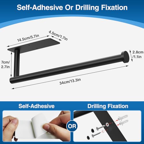 Paper Towel Holder,Self-Adhesive or Drilling， Matte Black, 1 Pack - Product Imagery