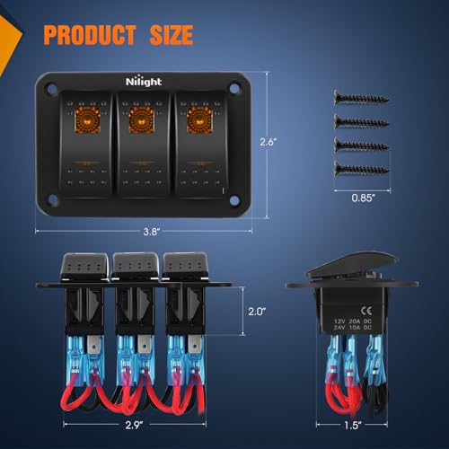 Nilight 3 Gang Rocker Switch Panel w/Orange LED Light 5Pin ON - Product Imagery