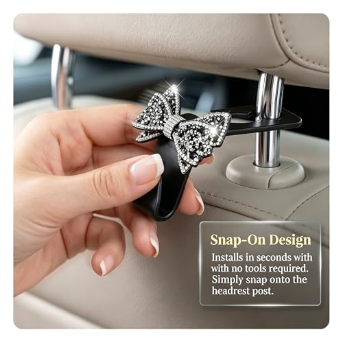 2PCS Bling Bow Car Seat Headrest Hooks, S Type Crystal - Product Imagery