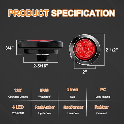 10Pack(5 Amber + 5 Red) 2" 4LED Round Trailer Side Marker Light - Product Imagery