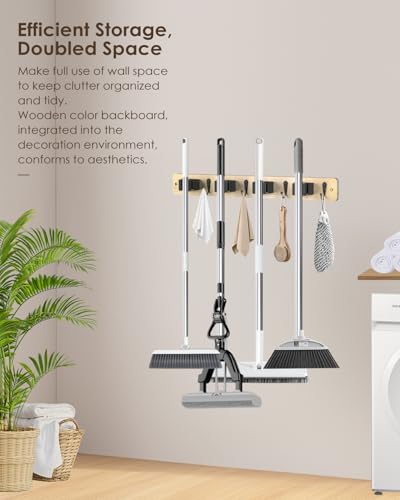 AceMining Light Wood Broom Holder Wall Mount, 4 Holders 4 Hooks - Product Imagery
