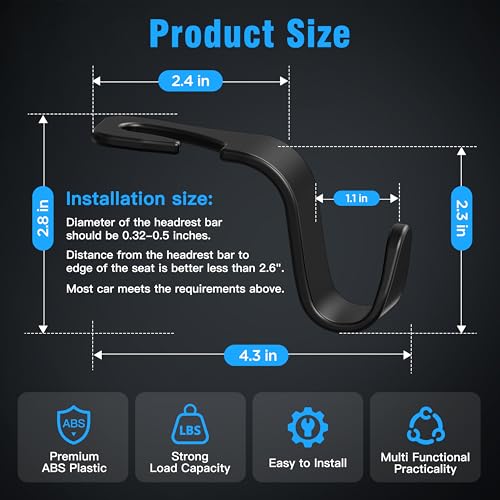 4-Pack Car Headrest Hooks Holds 55lbs Seat Storage Organizer for - Product Imagery