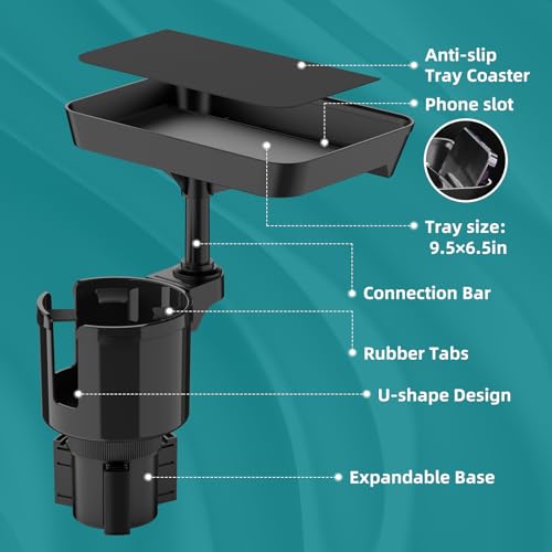 TYKOR Car Cup Holder Tray, 9.5" Car Food Tray Table for Eating - Product Imagery