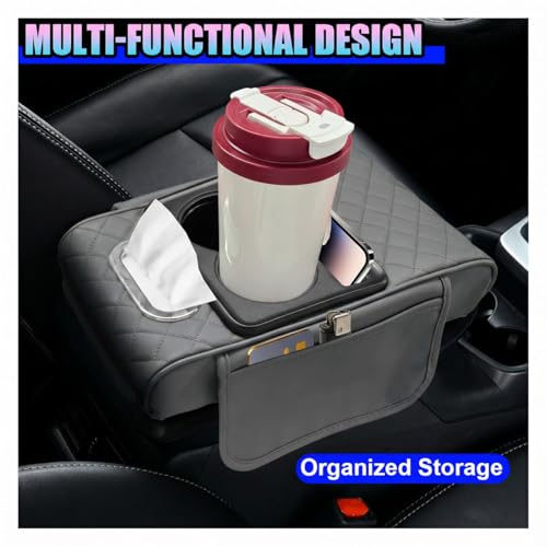 Leather Car Center Console Cover, Armrest Booster Cushion, Grey - Product Imagery