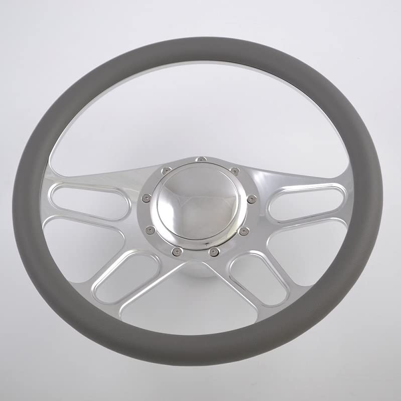 Polished 14" BILLET 9 HOLE STEERING WHEEL KIT W/HORN BUTTON & - Product Imagery