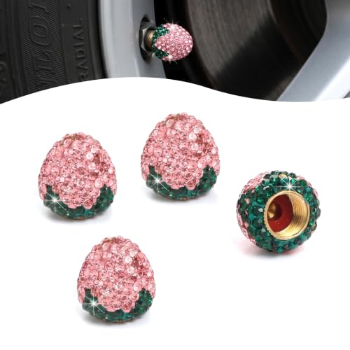 4PCS Strawberry Car Tire Valve Stem Caps, Cute Bling Rhinestone - Product Imagery