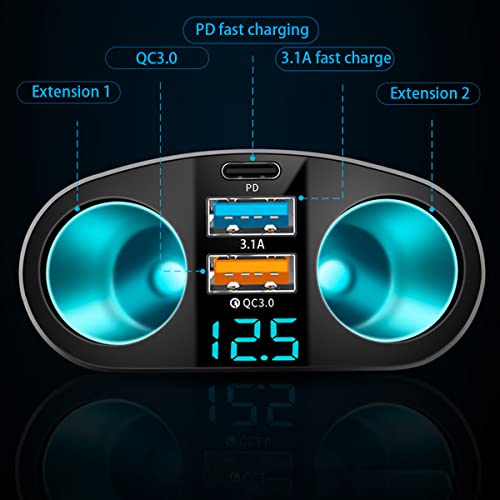 Ankuee 12V/24V Car Cigarette Lighter Splitter with USB-C - Product Imagery