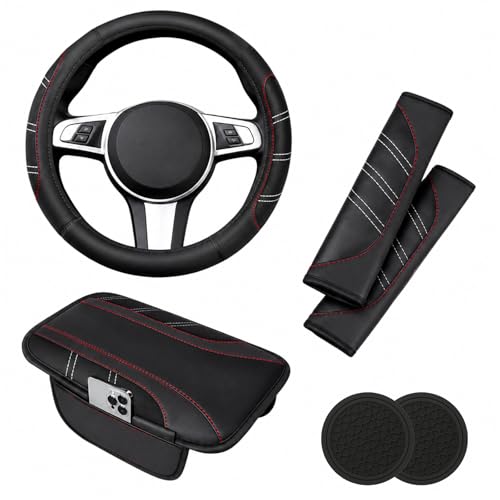 6 PCS Car Accessories Set, 14.5"-15" Leather Steering Wheel - Product Imagery