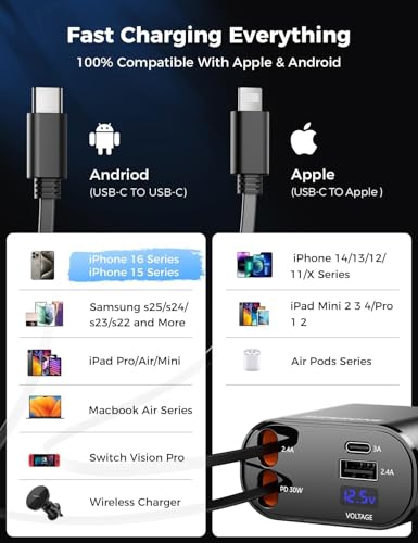 [Upgraded] SUPERONE Retractable Car Charger 4 in 1 Fast Phone - Product Imagery
