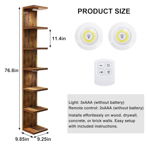 Fixwal 7 Tier Wall Shelf with LED Lights for Room Decor (Rustic - Product Imagery