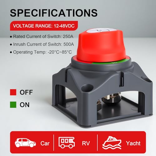 Top Post Battery Disconnect Switch, 250A 12-48V On/Off, - Product Imagery