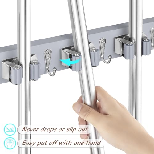 OUTNILI Gray Mop Broom Holder Wall Mount with 4 Slots & 4 Hooks - Product Imagery