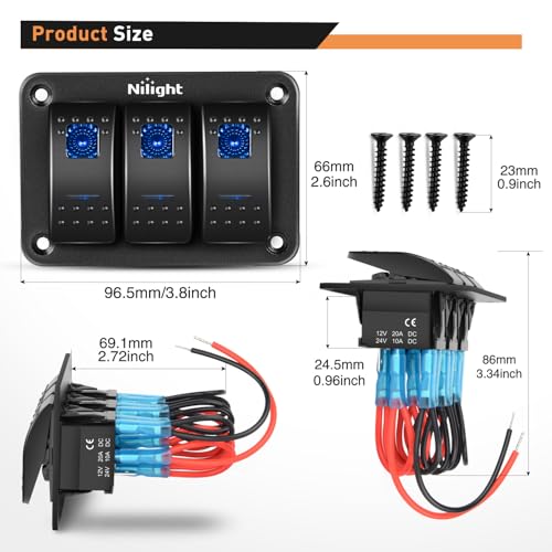 Nilight 90017C 3 Gang Aluminum Panel Toggle Dash 5 Pin On/Off - Product Imagery