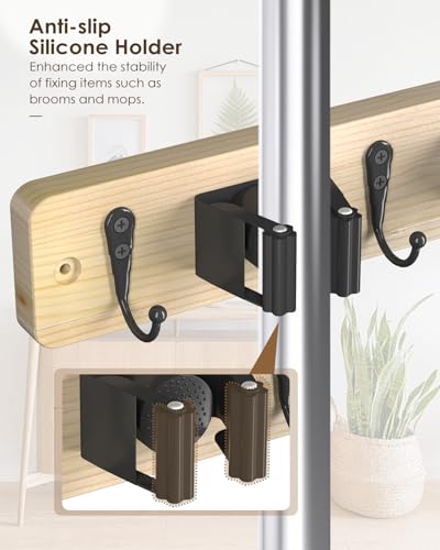 AceMining Light Wood Broom Holder Wall Mount, 4 Holders 4 Hooks - Product Imagery