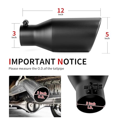 Richeer 3” Inlet Exhaust Tip, 5” Outlet 12” Length Stainless - Product Imagery