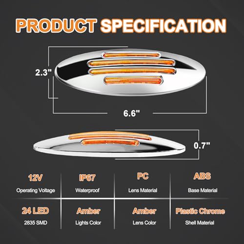 10Pcs 6-3/5 Inch Flatline Oval Amber 24LED Side Marker Clearance - Product Imagery