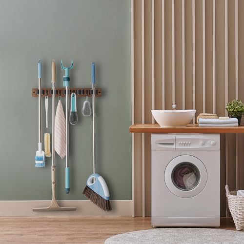 OUTNILI Mop and Broom Holder Wall Mount - Wood Broom Mop Hanger - Product Imagery