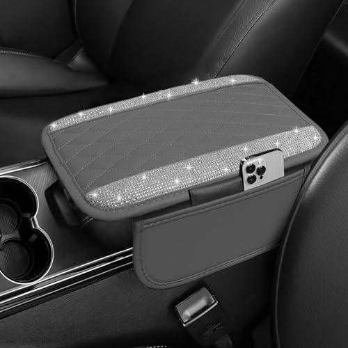 NBTEPEM Bling Grey Car Center Console Cover, Leather Car Arm - Product Imagery