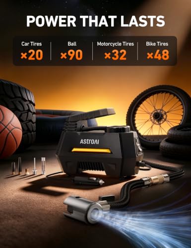 AstroAI AIRUN H Tire Inflator Portable Air Compressor, 12V DC - Product Imagery