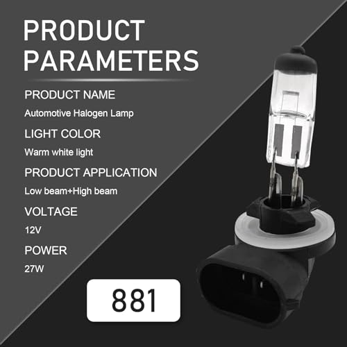 2 PCS Car 881-27W Halogen Bulb, 12V Super Penetrating Quartz - Product Imagery