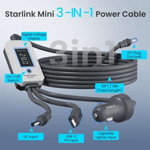 Starlink Mini 3 in 1 Cable 10FT/3M with Digital Voltage Display - Product Imagery