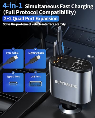 Retractable Car Charger,4 in 1 Fast Charging Car Charger with - Product Imagery