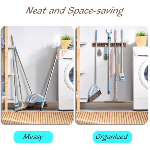 OUTNILI Mop and Broom Holder Wall Mount - Wood Broom Mop Hanger - Product Imagery