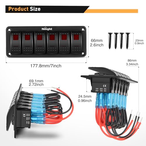 Nilight 6 Gang Rocker Switch Panel SPST On Off 5PIN Electrical - Product Imagery