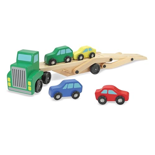 Melissa & Doug Car Carrier Truck and Cars Wooden Toy Set with 1 - Product Imagery