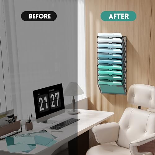 10-Tier Wall File Organizer, Hanging File Holder, Wall Mounted - Product Imagery