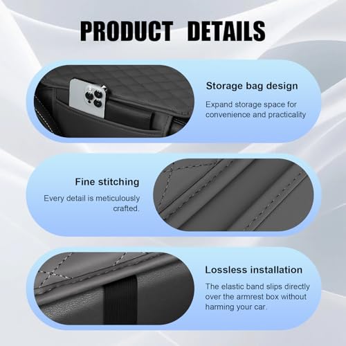 Car Center Console Cover, Leather Car Arm Rest Cushion with 2 - Product Imagery