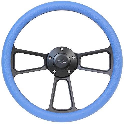 5-bolt Black Steering Wheel 14 Inch Aluminum with Sky Blue Vinyl - Product Imagery