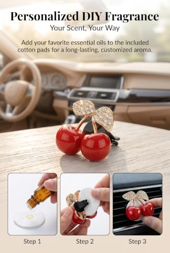 4 PCS Cherry Car Vent Clip, Rhinestone Bling Cute Cherry Decor - Product Imagery
