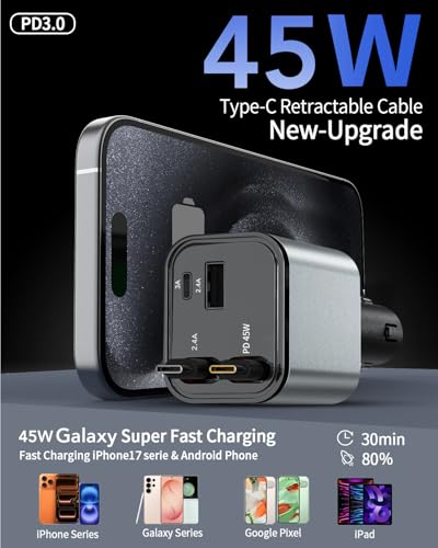 Retractable Car Charger,75W Car Phone Charger USB C Fast Charge - Product Imagery