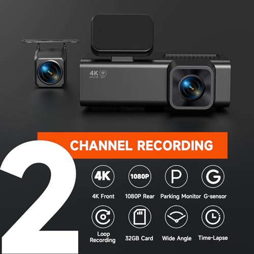 Dash Cam Front and Rear, 4K+1080P Dual Camera for Cars, 32GB - Product Imagery