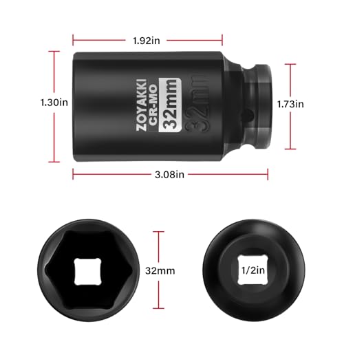 1/2" Drive 32mm Deep 6 Pt CR-MO Metric Impact Socket for Axle - Product Imagery